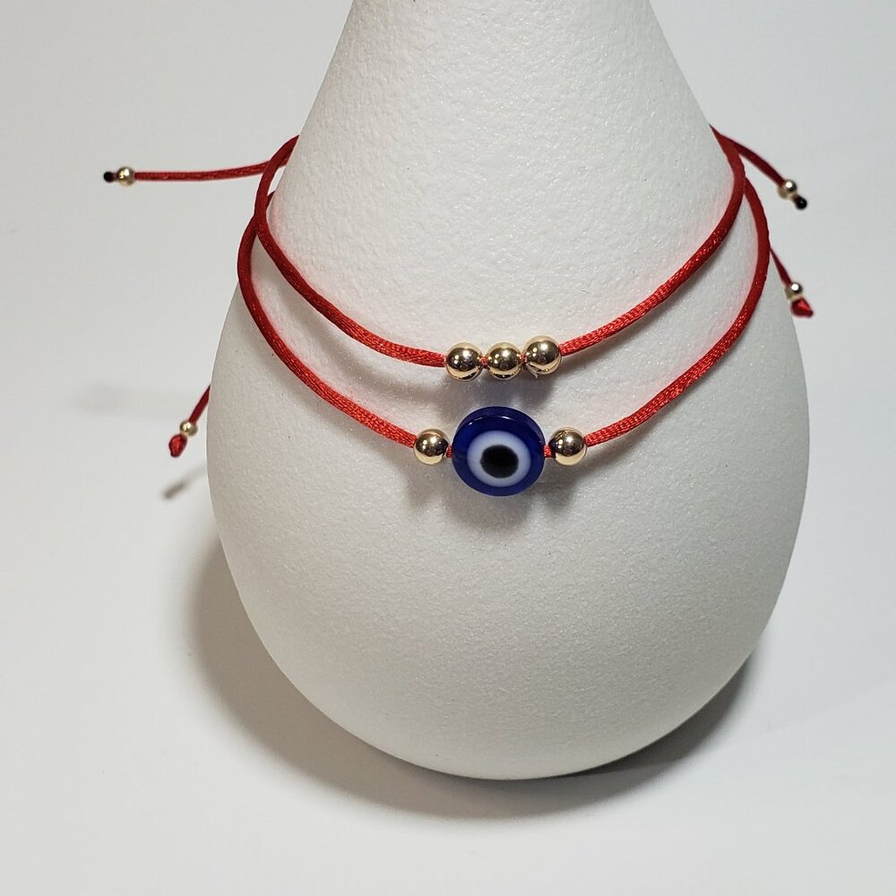 SET of 2 Bracelets 14K SOLID GOLD Beads Bracelet EVIL EYE Red String Kabbalah